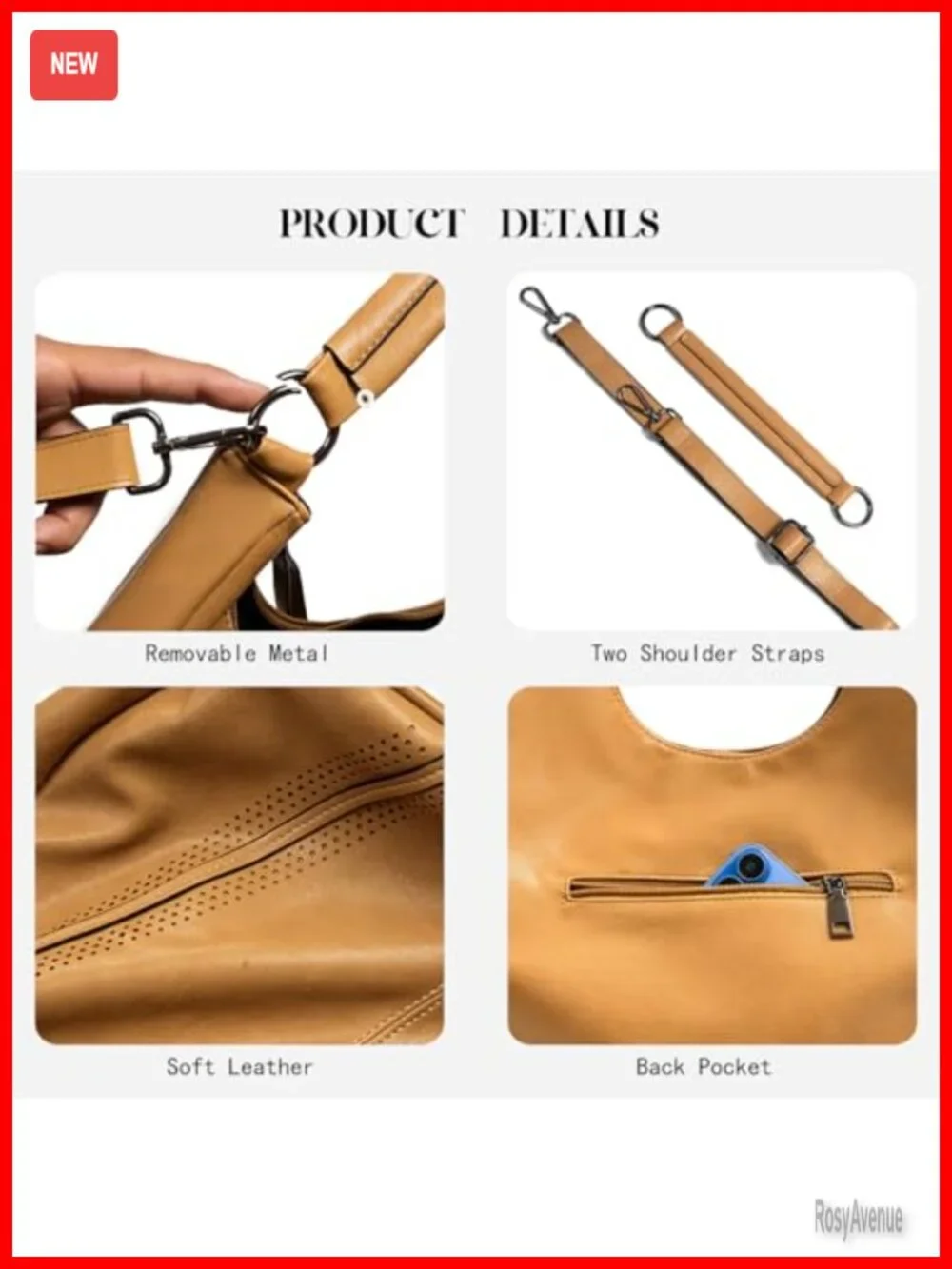 Vegan Leather Hobo Shoulder Bag Tote with Adjustable Crossbody Strap